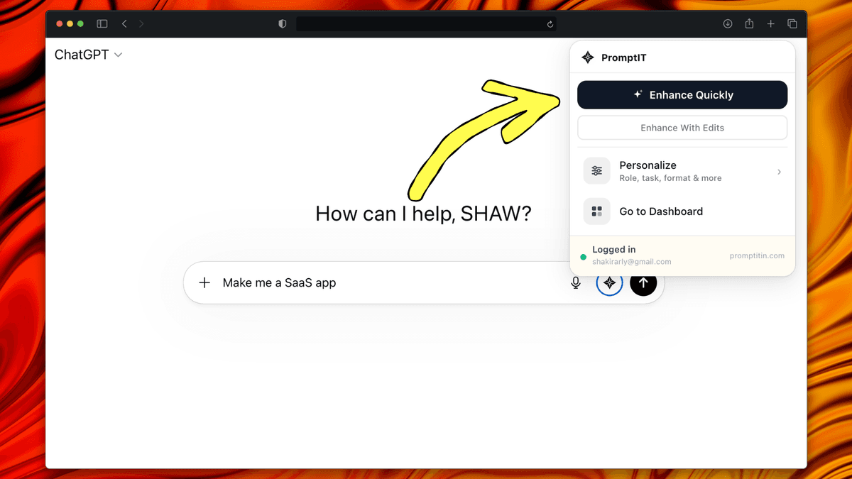 PromptIt Chrome extension inside ChatGPT — Enhance Quickly, Enhance With Edits, Personalize